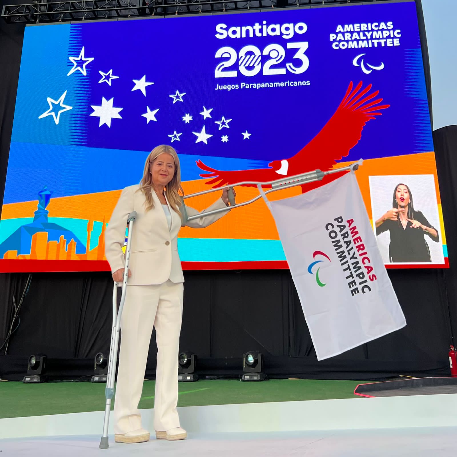 La mandataria, Elsa Noguera, fue invitada por parte del Comité Paralímpico de las Américas a la ceremonia de clausura de los Juegos Parapanamericanos Santiago 2023, donde el ministro de Deportes de Chile, Jaime Pizarro, le entregó la bandera Parapanamericana. Atlantico bandera de los Juegos Parapanamericanos Barranquilla 2027