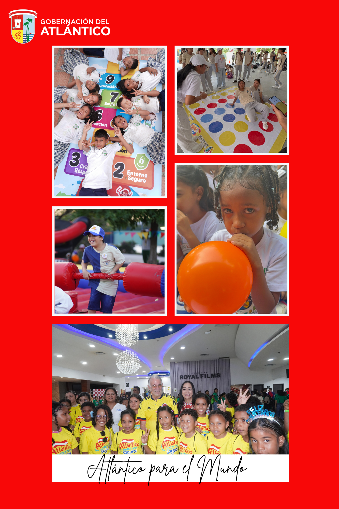 Collage de cinco fotos con niñas, niños y adolescentes divertiendose con globos, jugando peregrina y twister, aparece también el Gobernador del Atlántico Eduardo Verano y la Gerente de Capital Social Karina Llanos rodeados de niños y niñas con camisetas amarillas. Collage de cinco fotos con niñas, niños y adolescentes divertiendose con globos, jugando peregrina y twister, aparece también el Gobernador del Atlántico Eduardo Verano y la Gerente de Capital Social Karina Llanos rodeados de niños y niñas con camisetas amarillas.