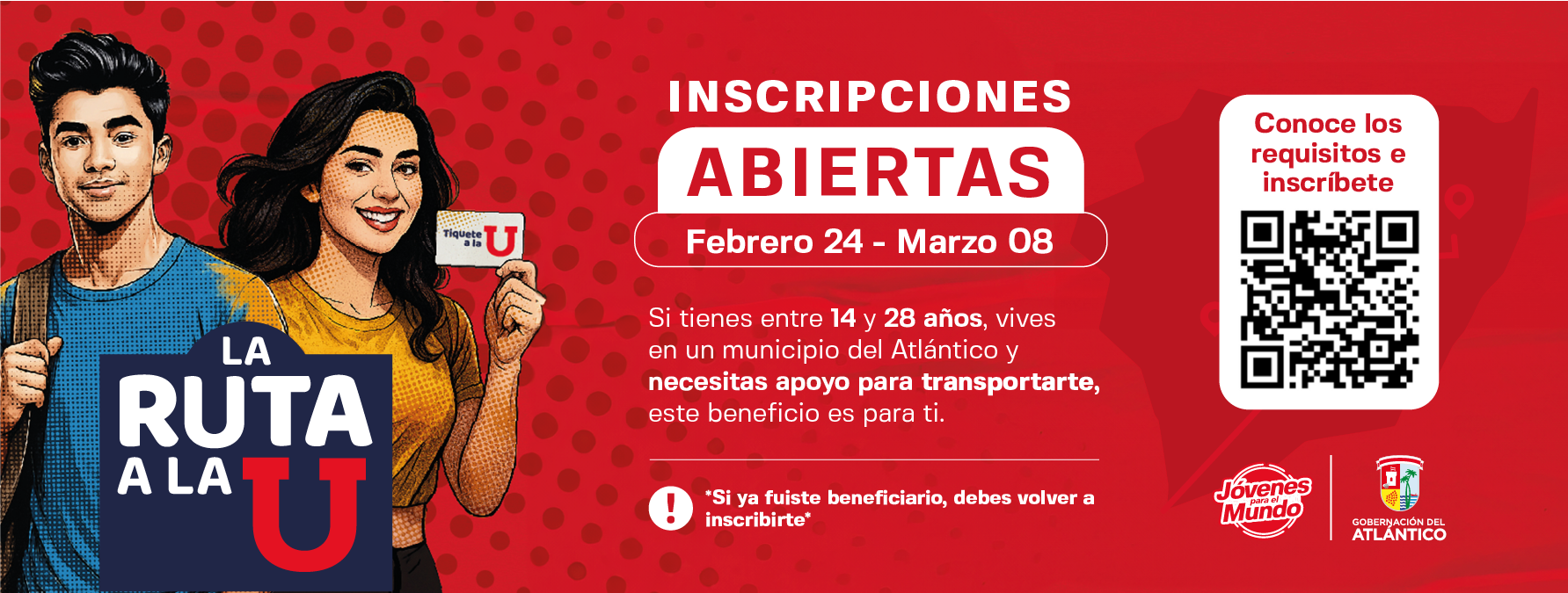 Se muestra figura animada de 2 jóvenes, avisa que hay inscripciones abiertas del 24 de febrero al 8 de marzo al programa: “Ruta a la U", también aparece un código QR para conocer los requisitos e inscribirse. Se muestra figura animada de 2 jóvenes, avisa que hay inscripciones abiertas del 24 de febrero al 8 de marzo al programa: “Ruta a la U", también aparece un código QR para conocer los requisitos e inscribirse.